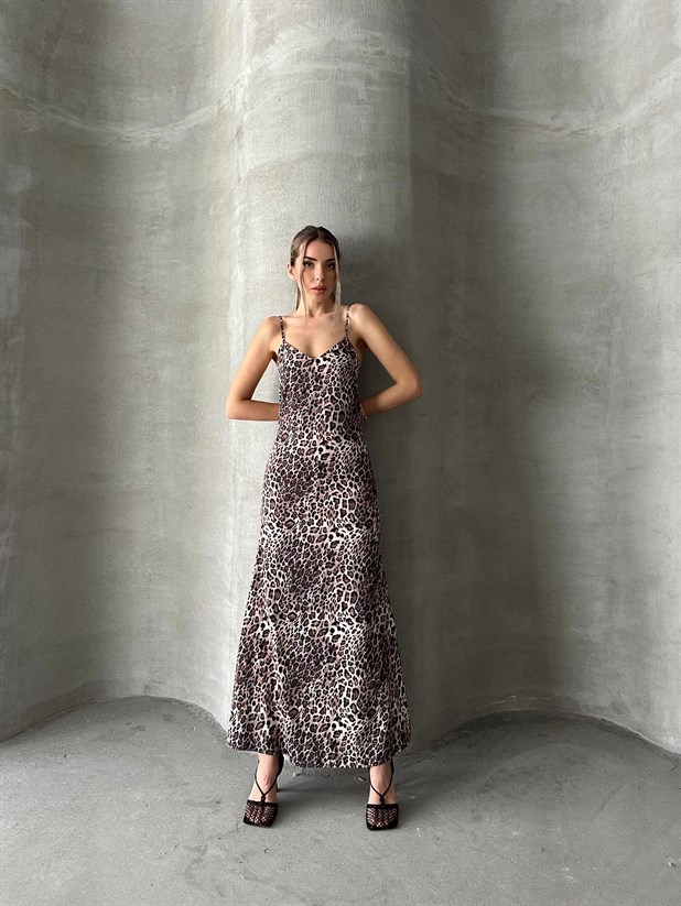 Askılı Leopar Desenli Elbise - Leopar