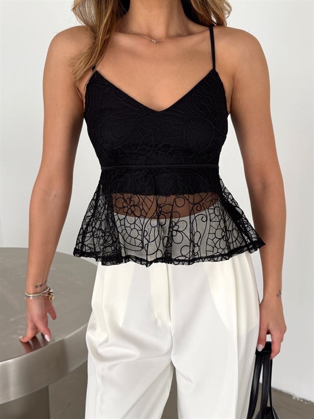 Askılı Transparan Dantel Bluz - Siyah