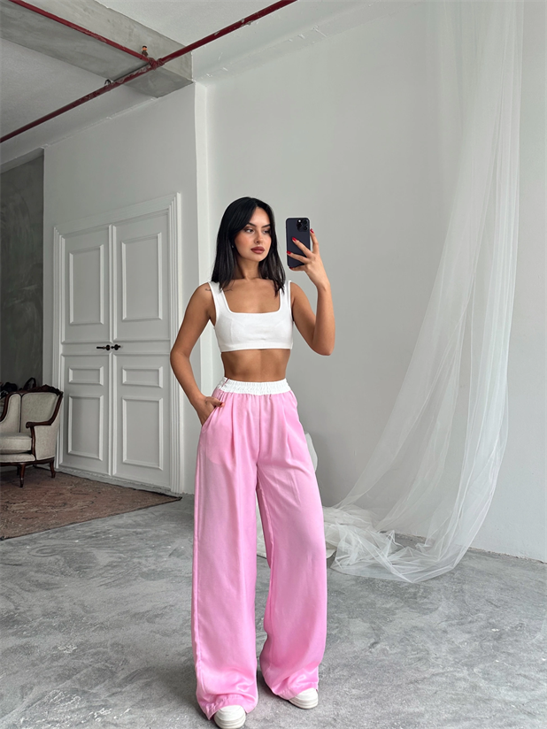 Kemer Detaylı Palazzo Pantolon - Pembe