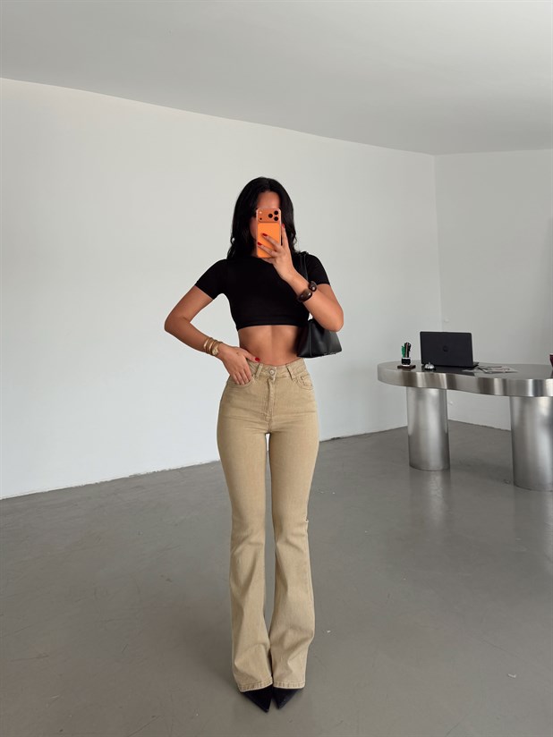 Yüksek Bel İspanyol Paça Jean - Kum Beji