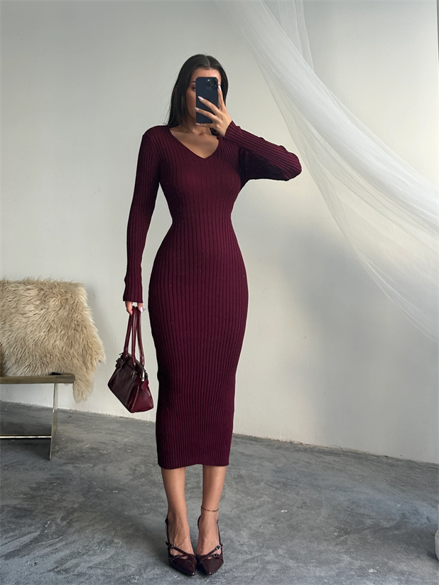 Bel Bağlama Triko Elbise - Bordo