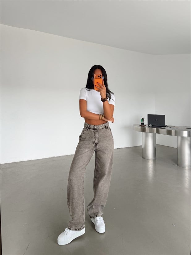 Yan Cep Detaylı Boyfriend Jean - Kahve Yıkama