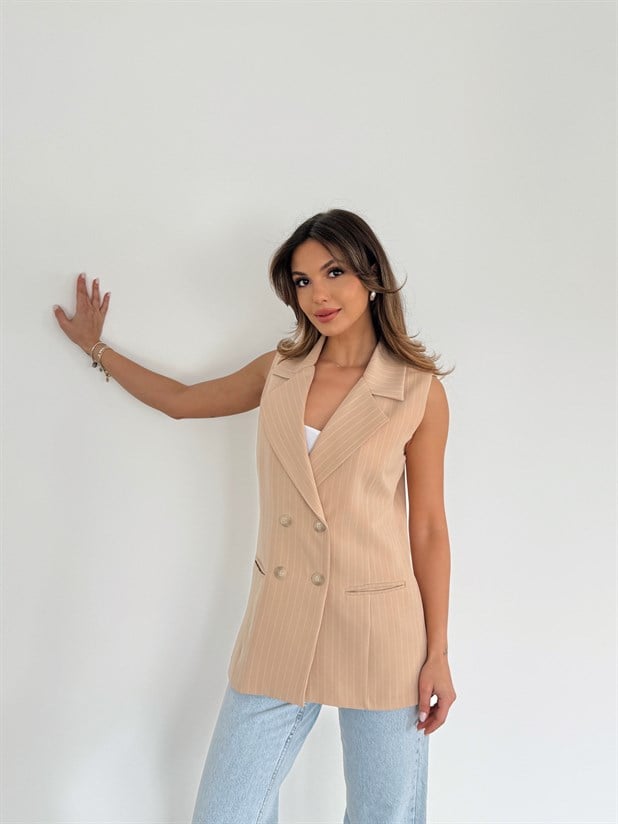 Ceket Yaka Line Yelek - Bej