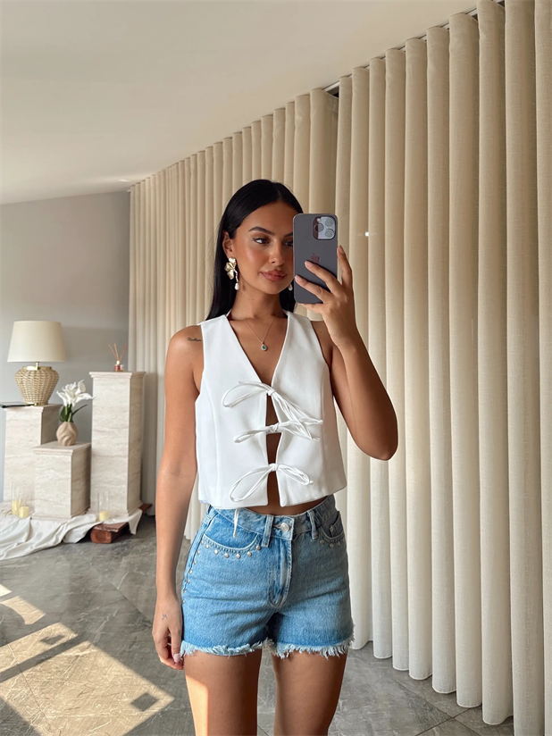 Keten Bağcıklı Yelek  - Beyaz