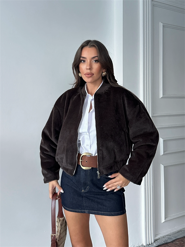 Astarlı Peluş Ceket - Kahve