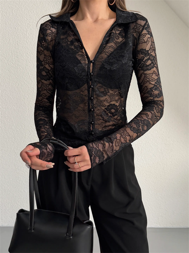 Gömlek Yaka Dantel Bluz - Siyah
