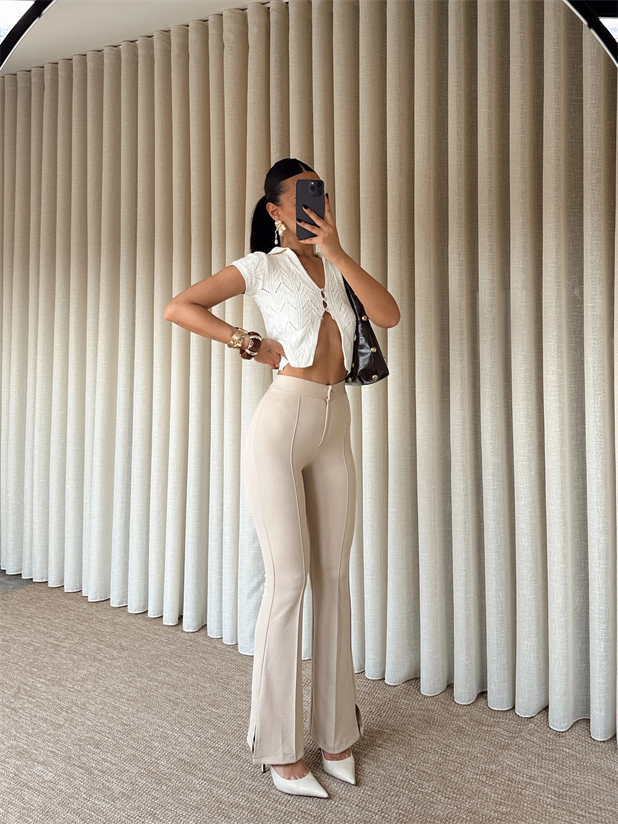 Çimalı Yırtmaç Pantolon Bej - Bej