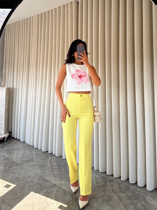 Ön Dikiş Boru Paça Kumaş Pantolon - Sarı