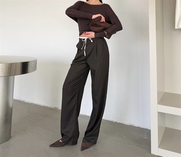 Bel Bağcık Çizgili Palazzo Pantolon - Kahverengi