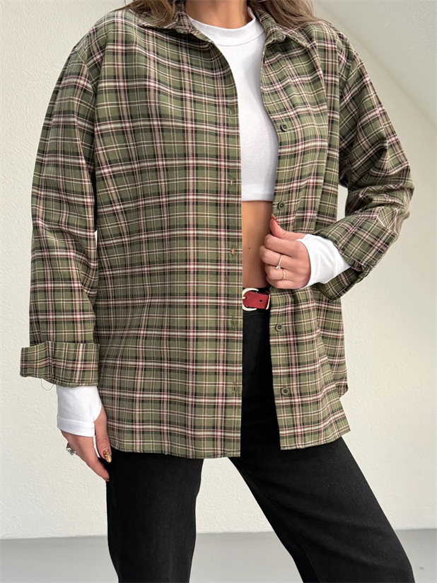 Kareli Oversize Gömlek - Haki