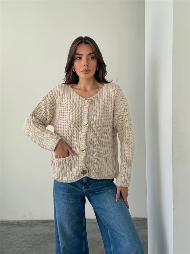 Gold Düğmeli Örme Hırka - Taş