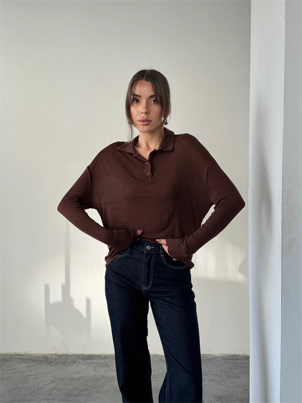 Polo Yaka Salaş Bluz - Kahve