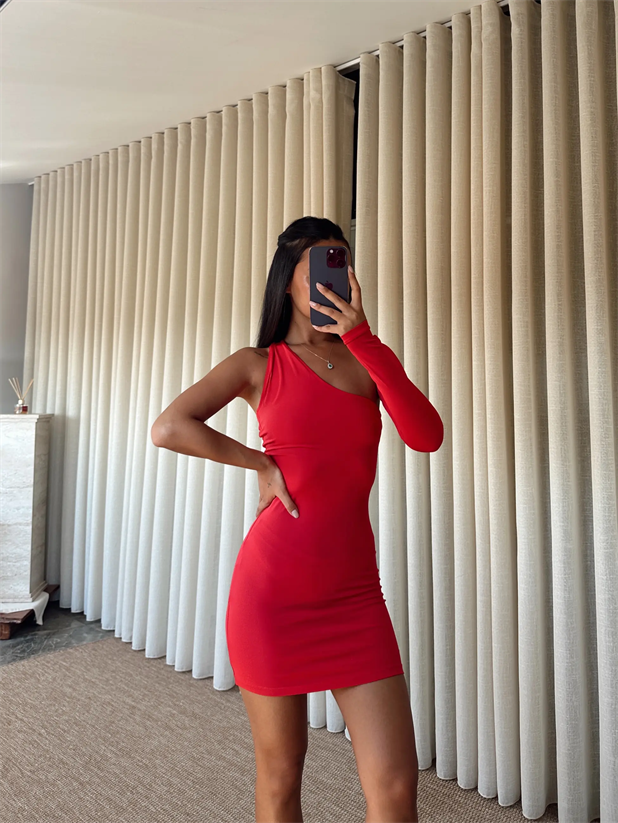 Pera Tek Kol Elbise Kırmızı - Kırmızı