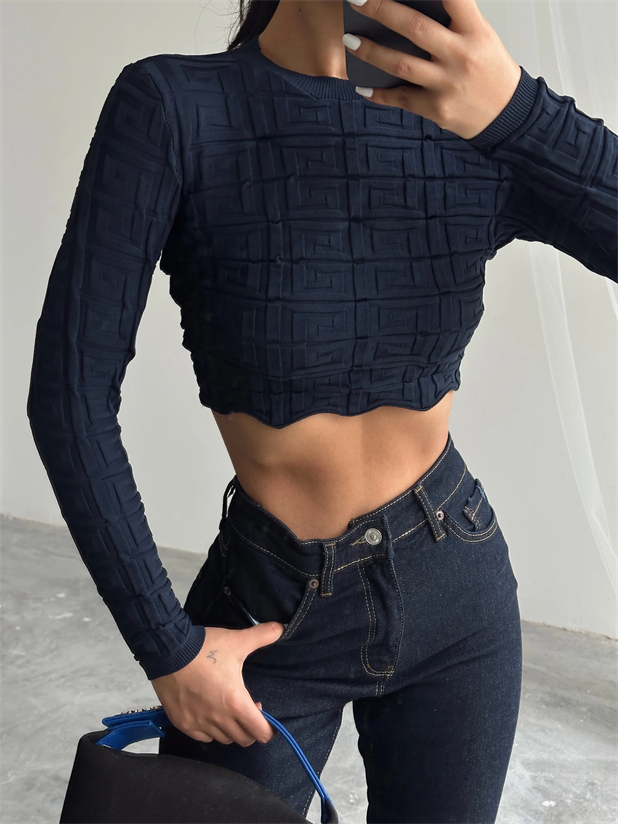 Labirent Desen Crop Triko Kazak Lacivert - Lacivert