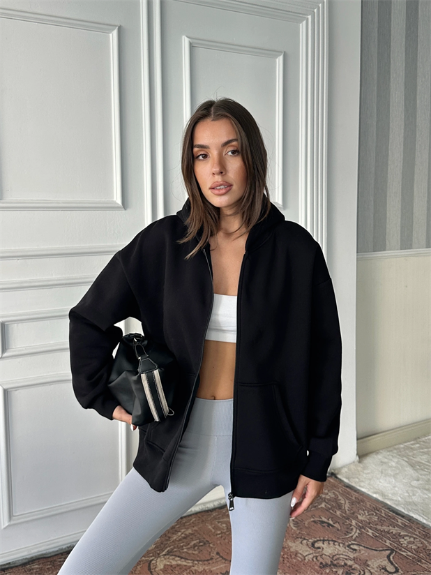 Fermuarlı Cepli Sweat - Siyah