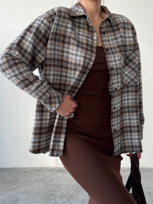 Tek Cep Ekose Gömlek - Bej