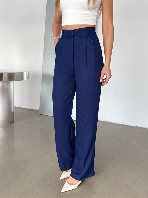 Arka Beli Lastikli Keten Pantolon - Lacivert