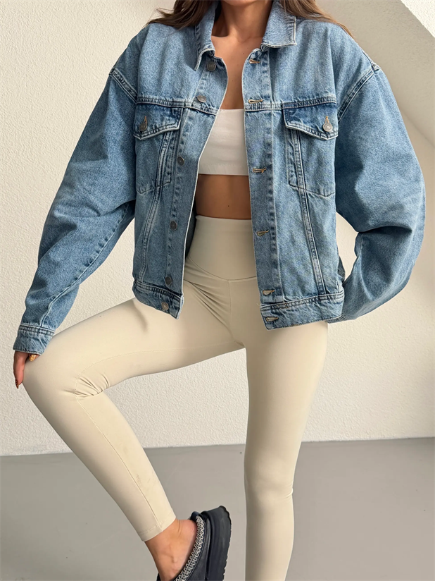 Arkası Nakışlı Denim Ceket - Mavi