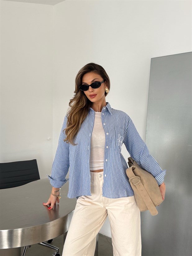 Nakış Detaylı Gömlek - Mavi