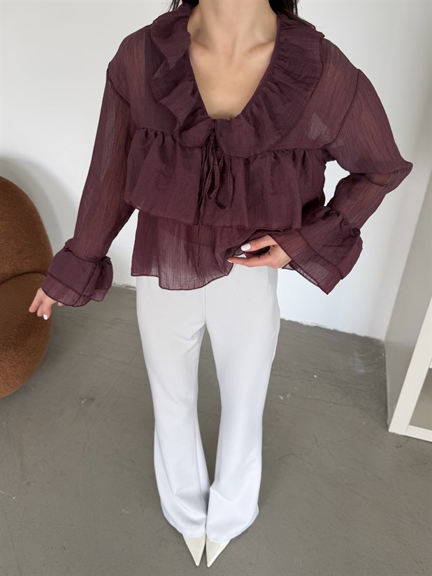 Fırfır Detaylı Bluz - Mürdüm