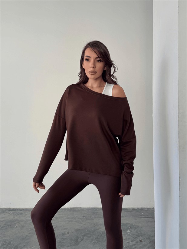 Düşük Omuz Atletli Bluz - Kahve