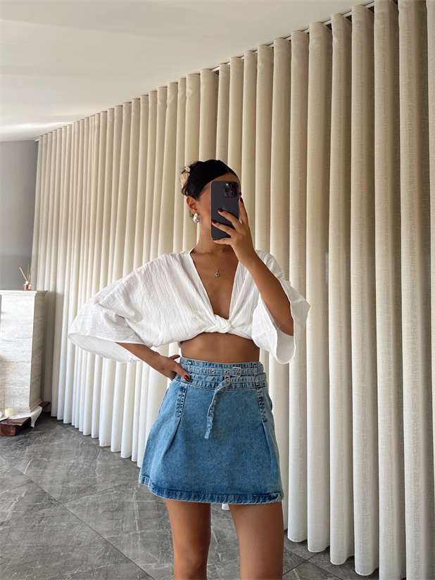 Pileli Denim Etek Mavi - Mavi