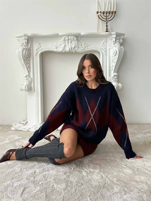 Oversize Baklava Desenli Kazak - Lacivert