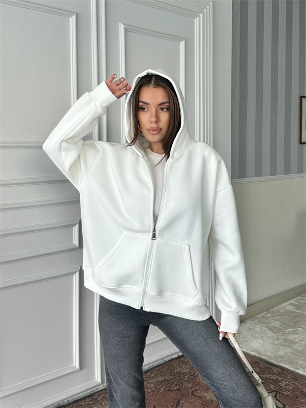 Fermuarlı Cepli Sweat - Beyaz