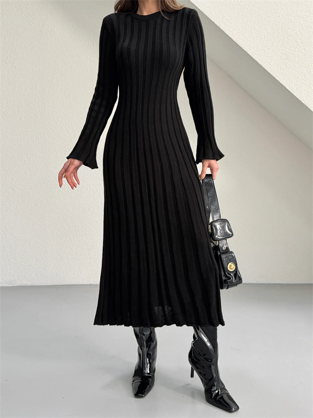 Bağlamalı Fitilli Triko Elbise - Siyah