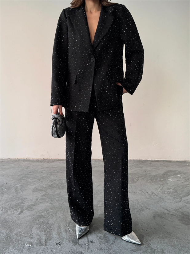 Premium Taş Detaylı Ceket Pantolon Takım  - Siyah