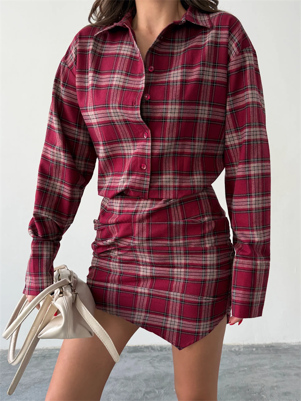 Ekose Gömlek Elbise  - Bordo