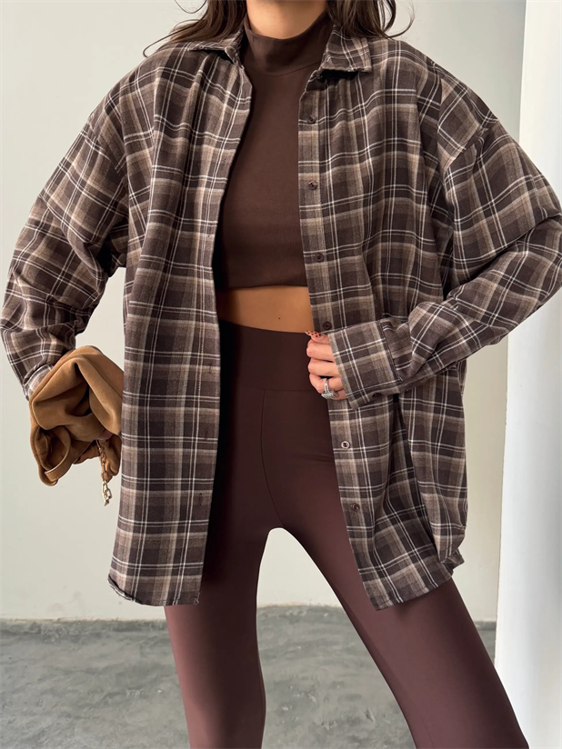 Kareli Oversize Gömlek - Kahve