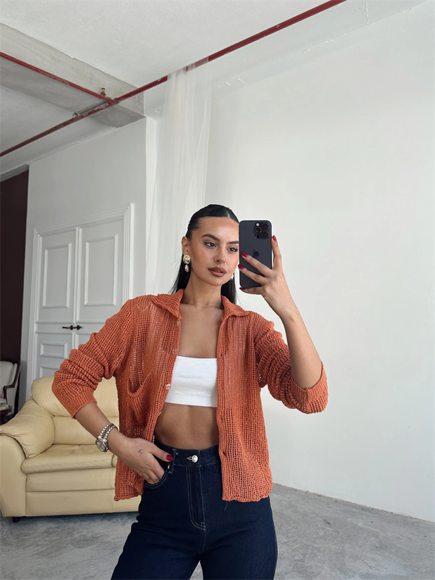 Elena Triko Ajur Hırka Kiremit - Kiremit