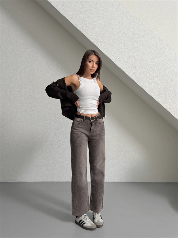 Kemerli Kesik Paça Jean - Kahve Yıkama