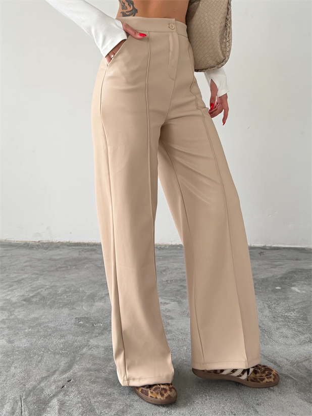 Çımalı Deri Palazzo Pantolon  - Taş