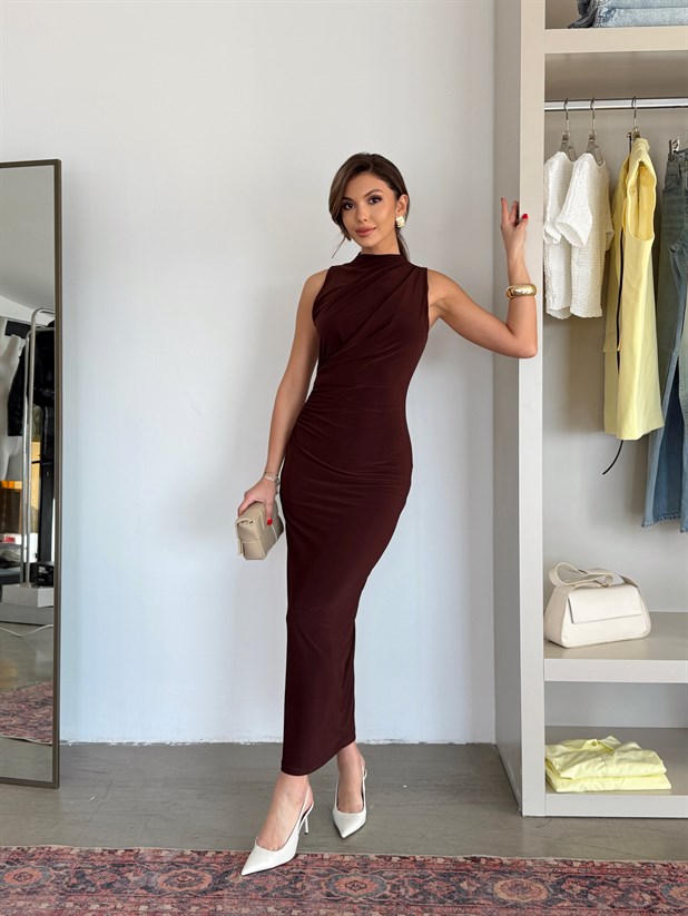 Yırtmaçlı Drape Detaylı Elbise - Kahve