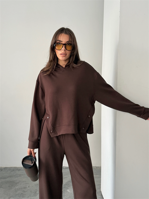 Çıt Çıt Detaylı Kapüşonlu Takım  - Kahve