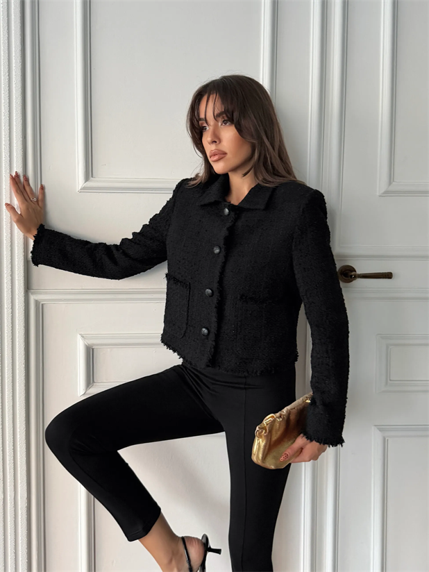 Püskül Detay Tüvit Ceket - Siyah