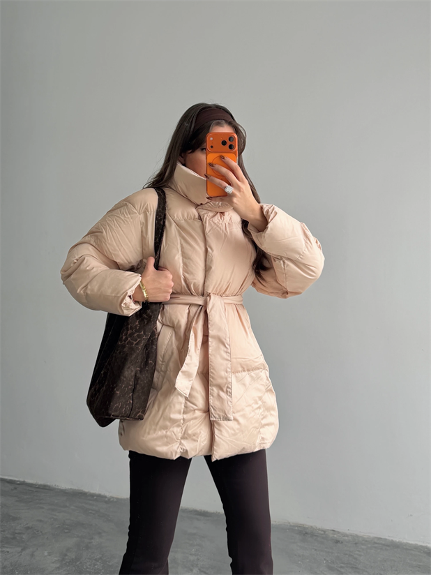 Kuşaklı Şişme Mont  - Bej