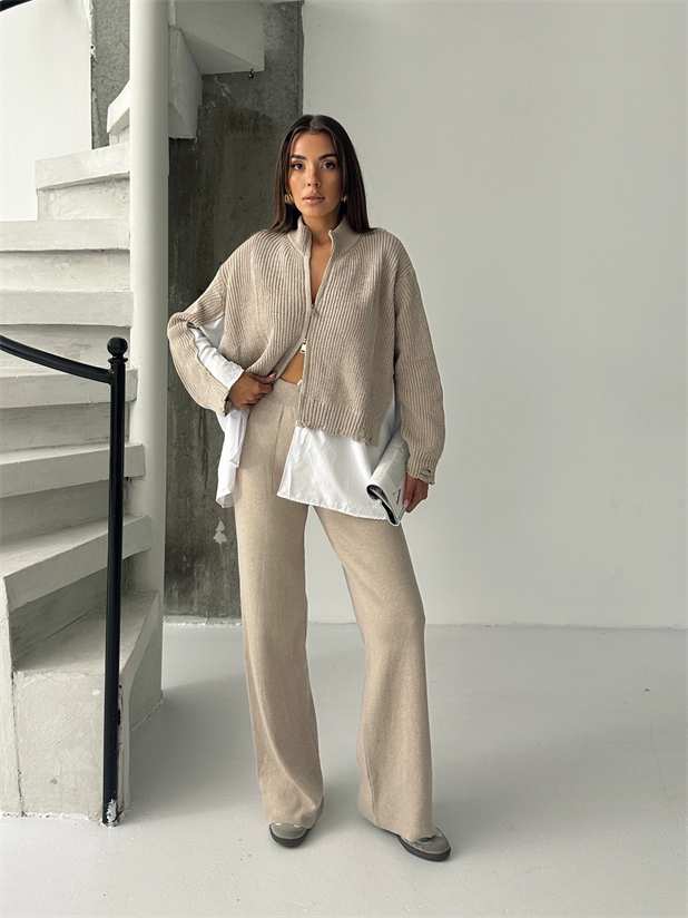 Poplin Fermuarlı Triko Takım - Vizon