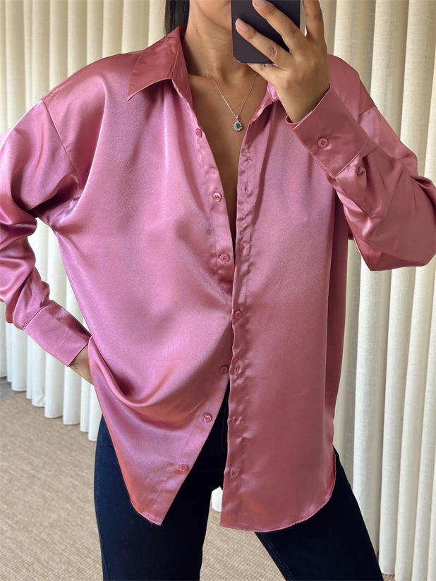 Oversize Saten Gömlek - Gül Kurusu