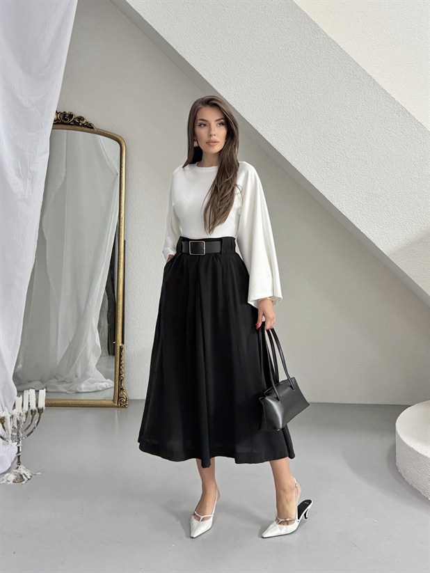 Tensel Kumaş Kemerli Kloş Etek - Siyah