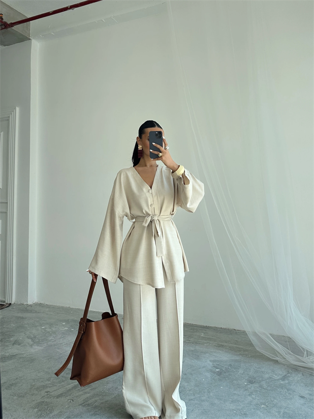 Düğme Detay Kuşaklı Kimono Takım - Krem