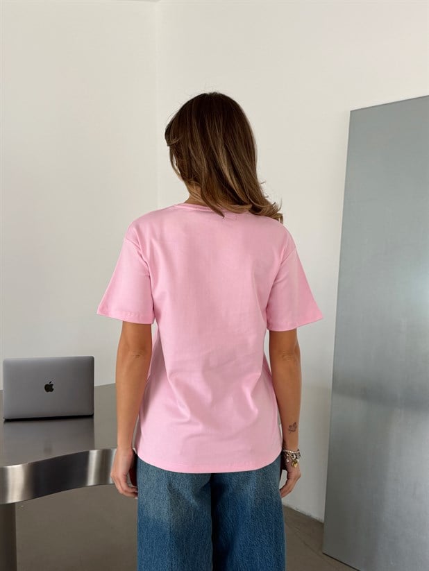 Bebe Yaka Basic T-shirt - Pembe