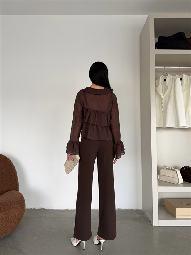 Fırfır Detaylı Bluz - Kahve