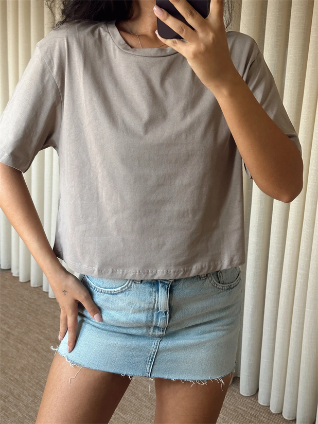 Düz Kısa Kol Crop Basic - Vizon