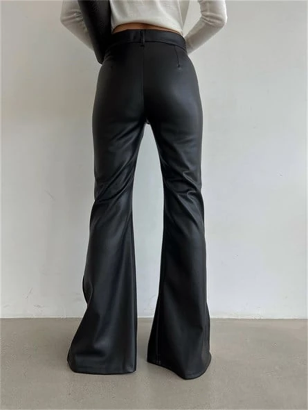 Yan Yırtmaç İspanyol Paça Deri Pantolon Siyah - Siyah