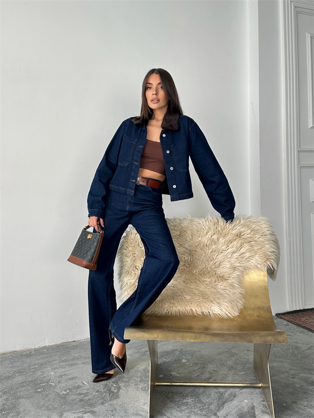 Yakası Kürklü Denim Takım - Mavi