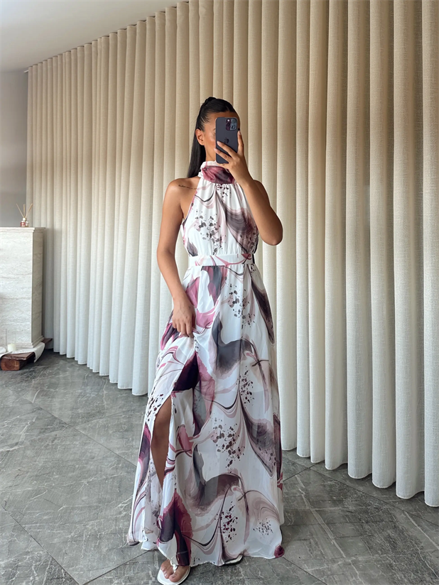 Desenli Şifon Elbise - Ekru-Pembe