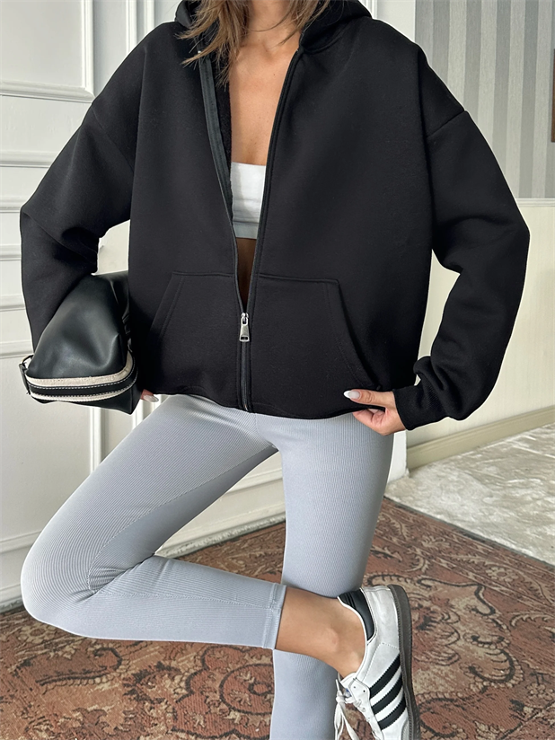 Fermuarlı Cepli Sweat - Siyah